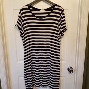 Black and White Striped Women's Dress - Casual Tee Dress